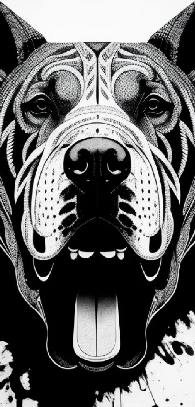 Intricate black and white dog art illustration with tribal design.