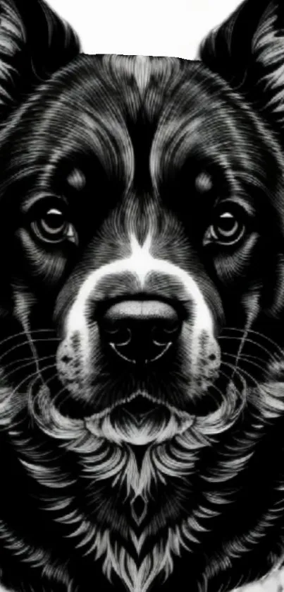 Intricate black and white dog face wallpaper for mobile.