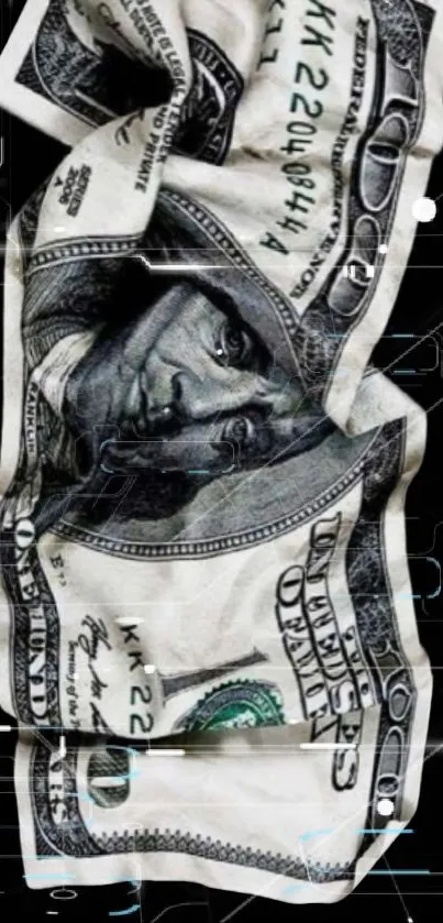 Crumpled 100-dollar bill on digital black background.