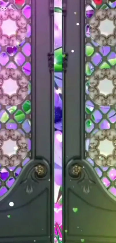 Intricate door design with purple and green colors.