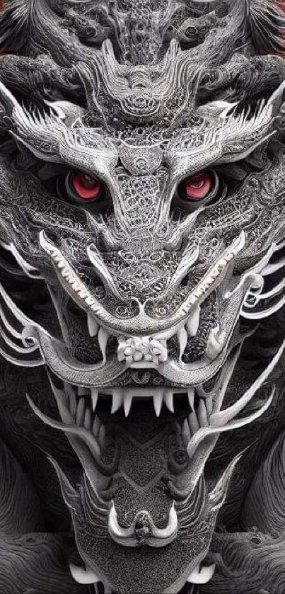 Intricate dragon design in grayscale with red eyes, captivating wallpaper art.