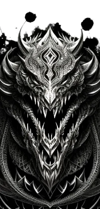 Intricate black and white dragon artwork with gothic design elements.