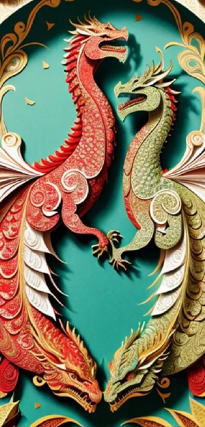 Intricate paper-cut dragons wallpaper art with vivid colors.