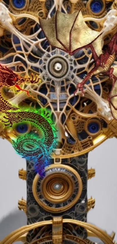 Clockwork design with colorful dragons on phone wallpaper.