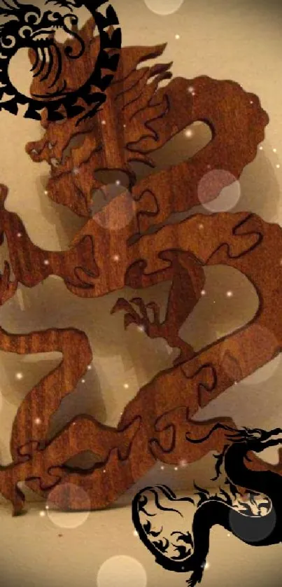 Intricate wooden dragon design art for mobile wallpaper.