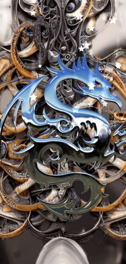 Intricate metallic dragon design on a decorative mobile wallpaper.