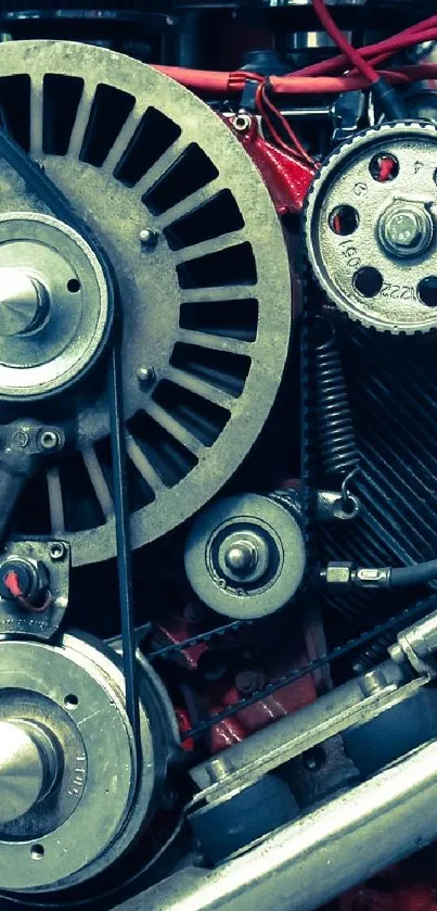 Close-up of intricate engine gears with a metallic finish in steel gray.