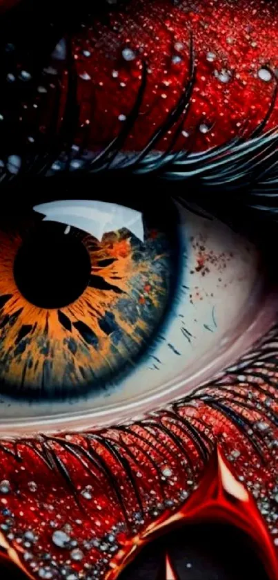 Intricate eye art wallpaper with red and orange hues and detailed textures.