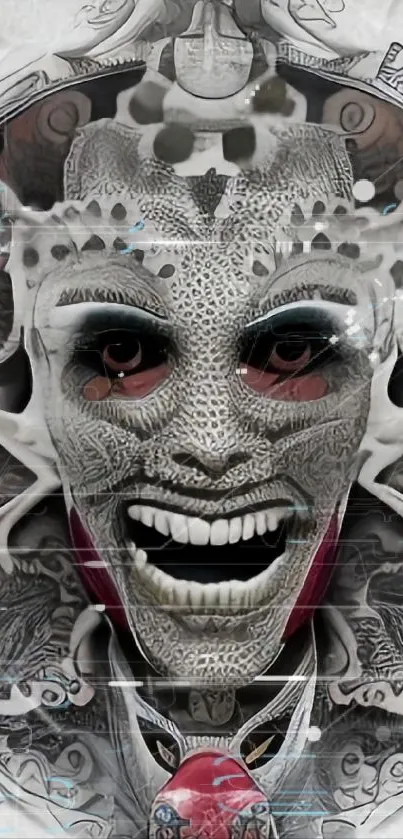 Intricate face art with abstract design and gray tones.