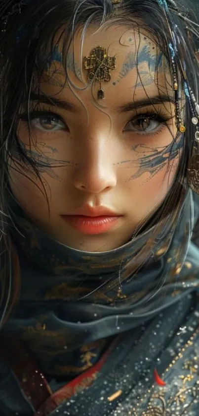 Fantasy art portrait with intricate designs and rich colors, perfect for mobile.