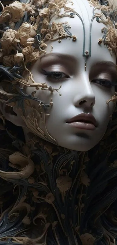 Intricate fantasy face art with dark, organic elements on mobile wallpaper.