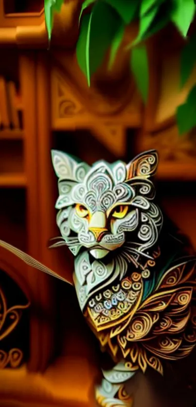 Intricate feline art with vibrant patterns in a brown background.