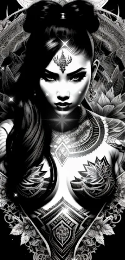 Intricate tattoo art of a female figure on a monochrome mobile wallpaper.