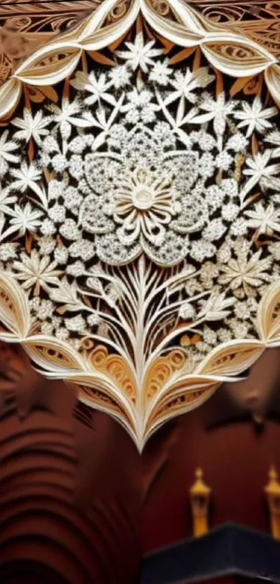 Intricate floral design with ornate patterns on a brown background.