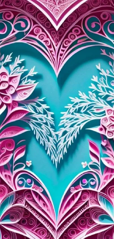 Intricate heart design with floral patterns and vibrant colors in pink and teal.