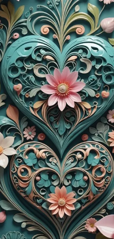 Intricate floral heart design with teal and pink accents.