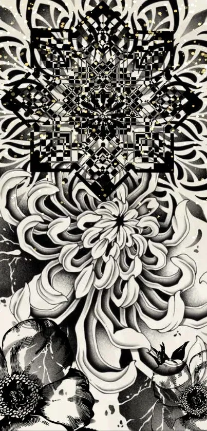 Intricate black and white floral mandala wallpaper with geometric patterns.