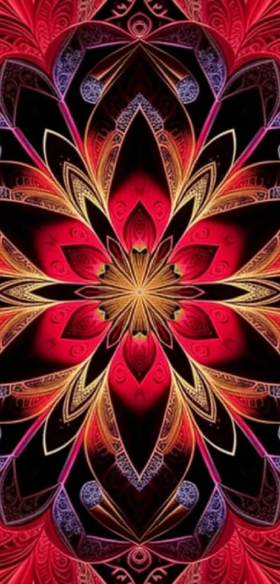 Intricate red and gold floral mandala mobile wallpaper design.