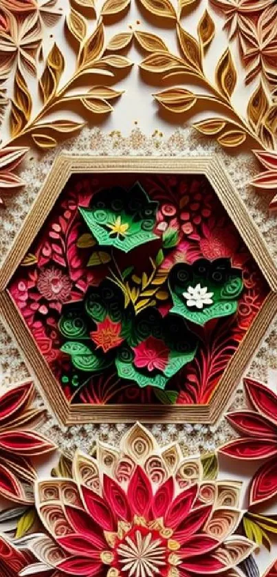 Intricate floral paper art with vibrant colors and detailed design.