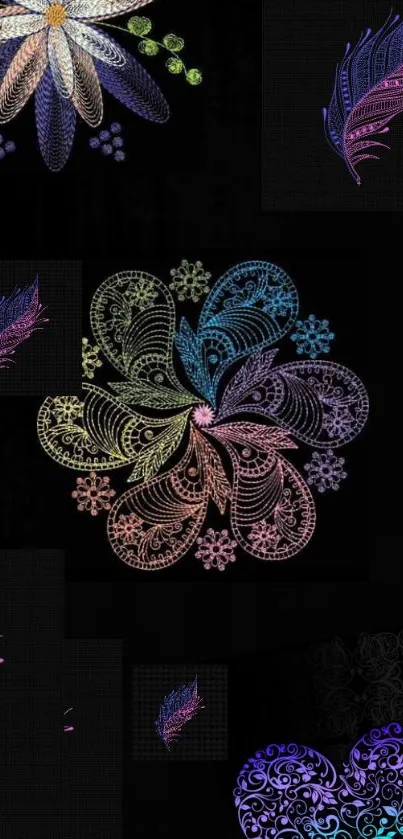 Mobile wallpaper with intricate floral patterns in colorful pastel hues on a black background.