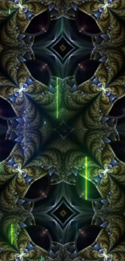 Intricate fractal pattern in dark shades with green highlights for mobile wallpaper.