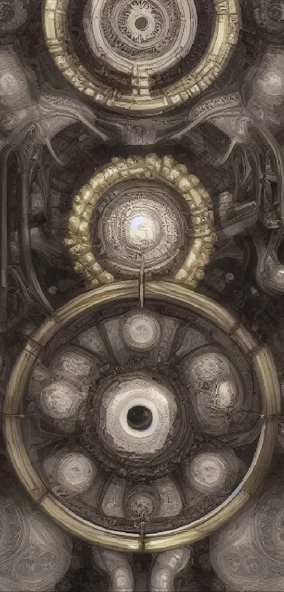 Intricate fractal geometry design wallpaper in gray tones with circles and details.