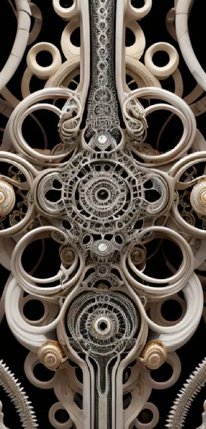 Intricate beige and black futuristic wallpaper with abstract gear design.