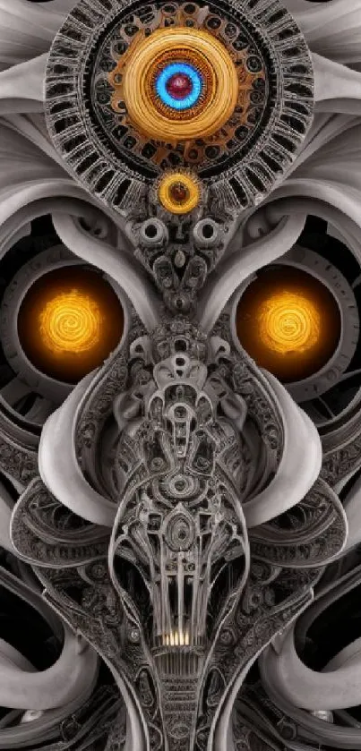 Intricate gray metallic design with orange orbs.