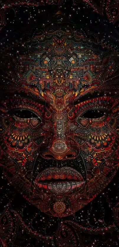 Intricate face art with galaxy theme on a mobile wallpaper.