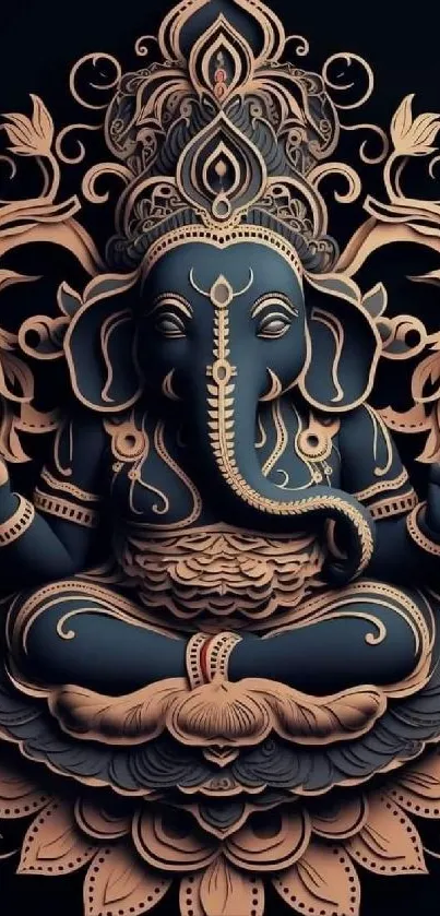 Intricate Ganesha art with navy background, showcasing divine and ornate details.