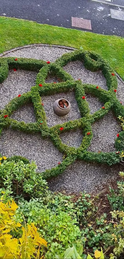 Intricate garden hedge design with artistic pattern.