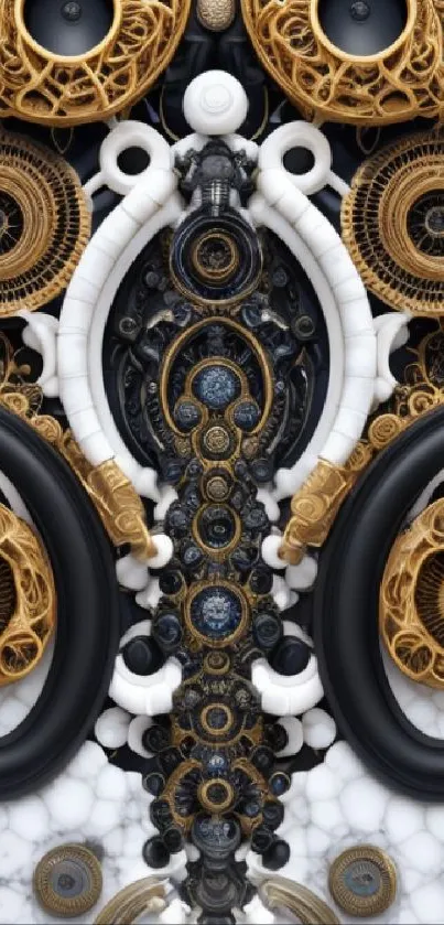 Intricate gold and black gear art wallpaper for mobile devices.