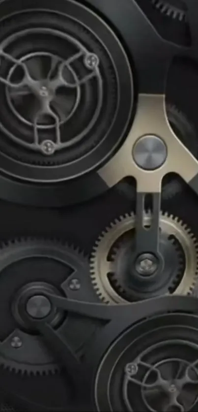 Close-up of intricate black and gray gear mechanism design.