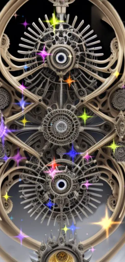 A detailed steampunk gear design with colorful lights in a digital wallpaper.