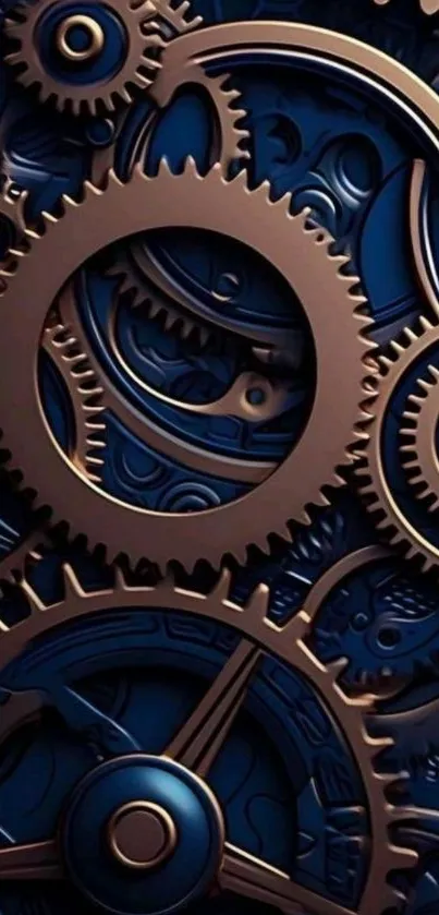 Intricate bronze gears on dark blue background.