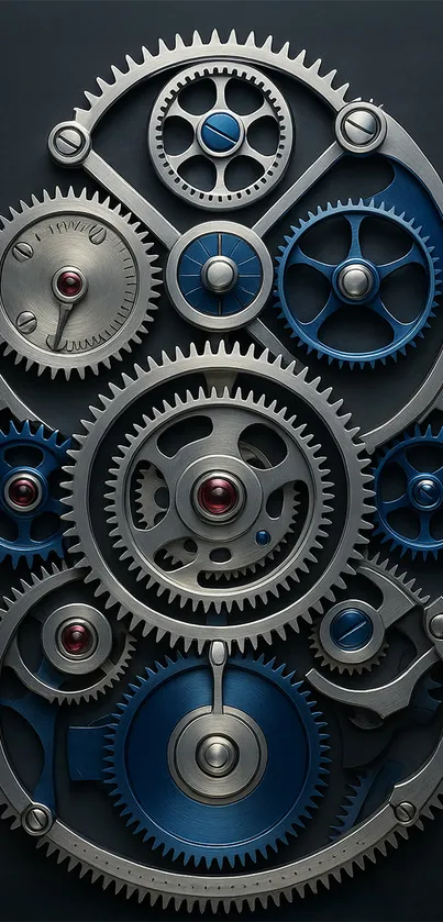 Intricate metallic gears with blue accents.