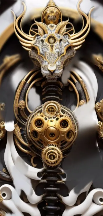 Steampunk dragon design with intricate golden gears on phone wallpaper.