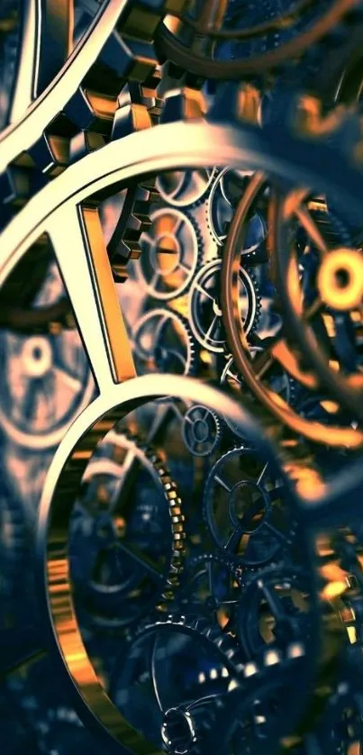 Intricate golden gears in a mechanical art wallpaper.