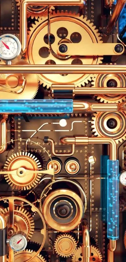 Gold and blue steampunk gear wallpaper with intricate details.