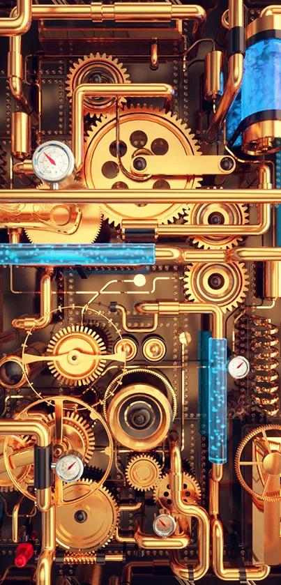 Intricate golden gear mechanism art on mobile wallpaper.