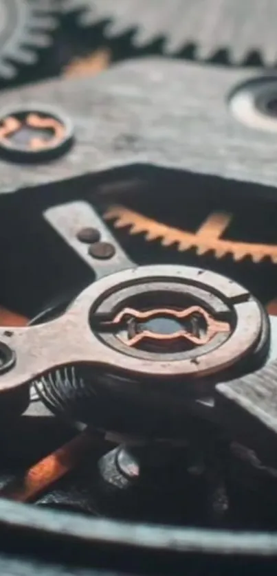 Close-up of an intricate gear mechanism in dark gray and copper hues.