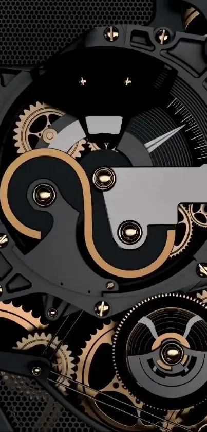 Intricate mechanical gears mobile wallpaper design in black and gold.