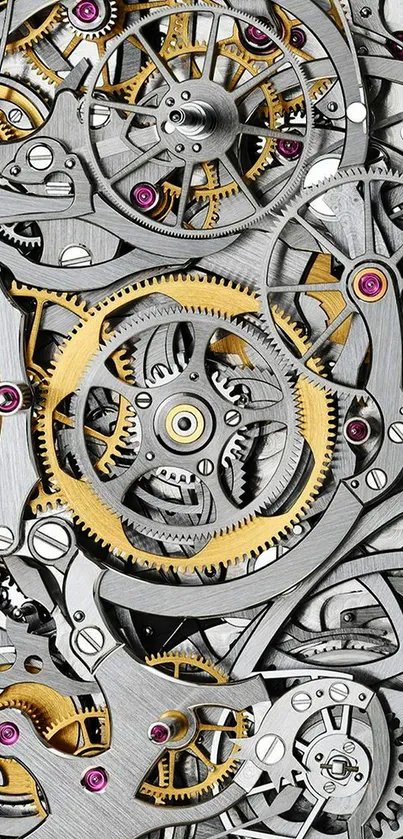 Detailed gear mechanism with silver and gold tones.