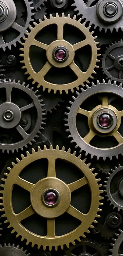 Intricate arrangement of metallic gears in a mechanical design wallpaper.