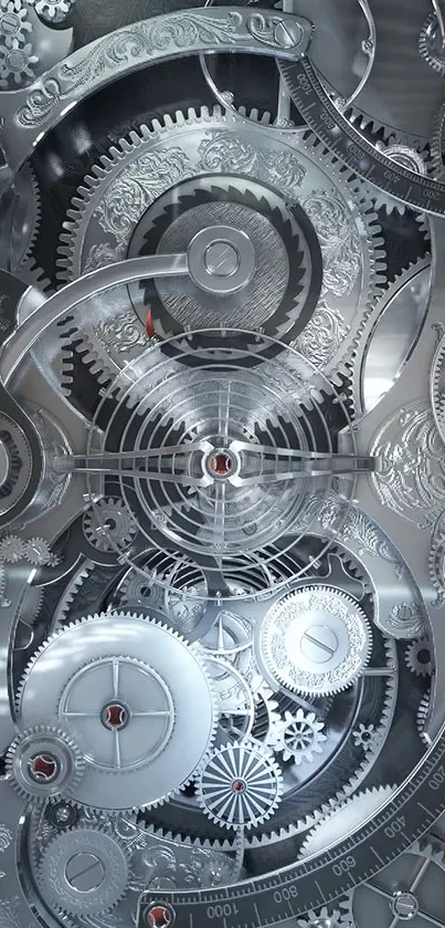 Intricate silver gears in a mechanical design wallpaper.