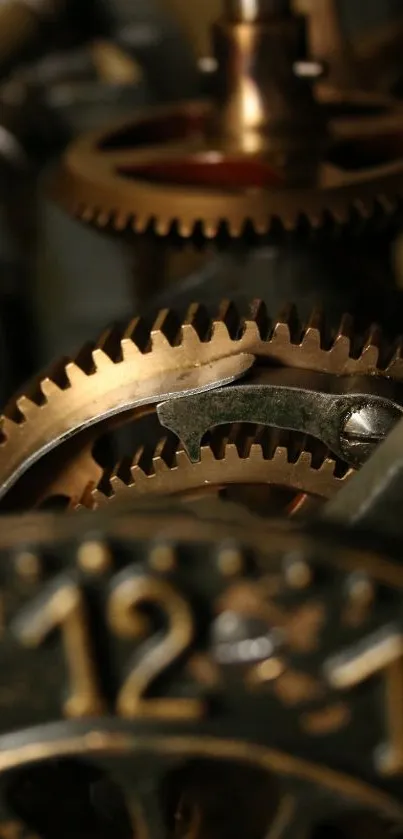 Close-up of intricate golden gears in a mechanical clockwork design.