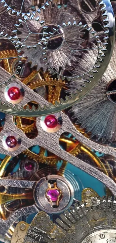 Intricate clock mechanism with silver gears and cogs.