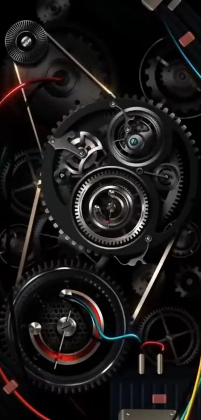 Intricate gear mechanism with vibrant wires wallpaper.