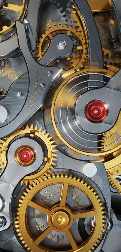 Intricate gold and silver gear mechanism in a mobile wallpaper.