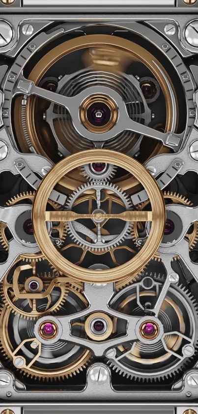 Intricate mechanism design in silver and brass tones on phone wallpaper.